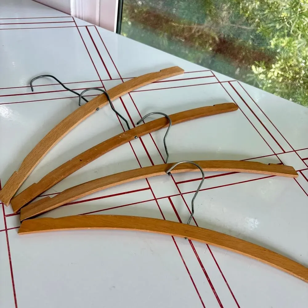 Vintage Set of 4 Curved Wooden Clothes Hangers Mid Century